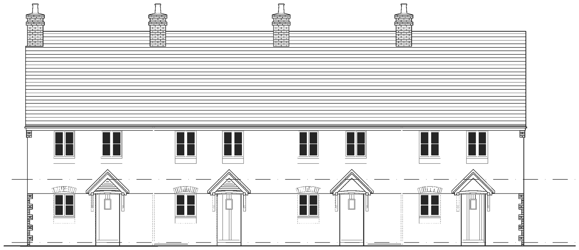Front elevation of the four-cottage terrace at the White Hart, West Bergholt: a two-storey run of four rendered cottages with quoins at the corners, a tiled roof broken by brick chimneys, timber painted windows in regular bays and a small timber canopy over each front door