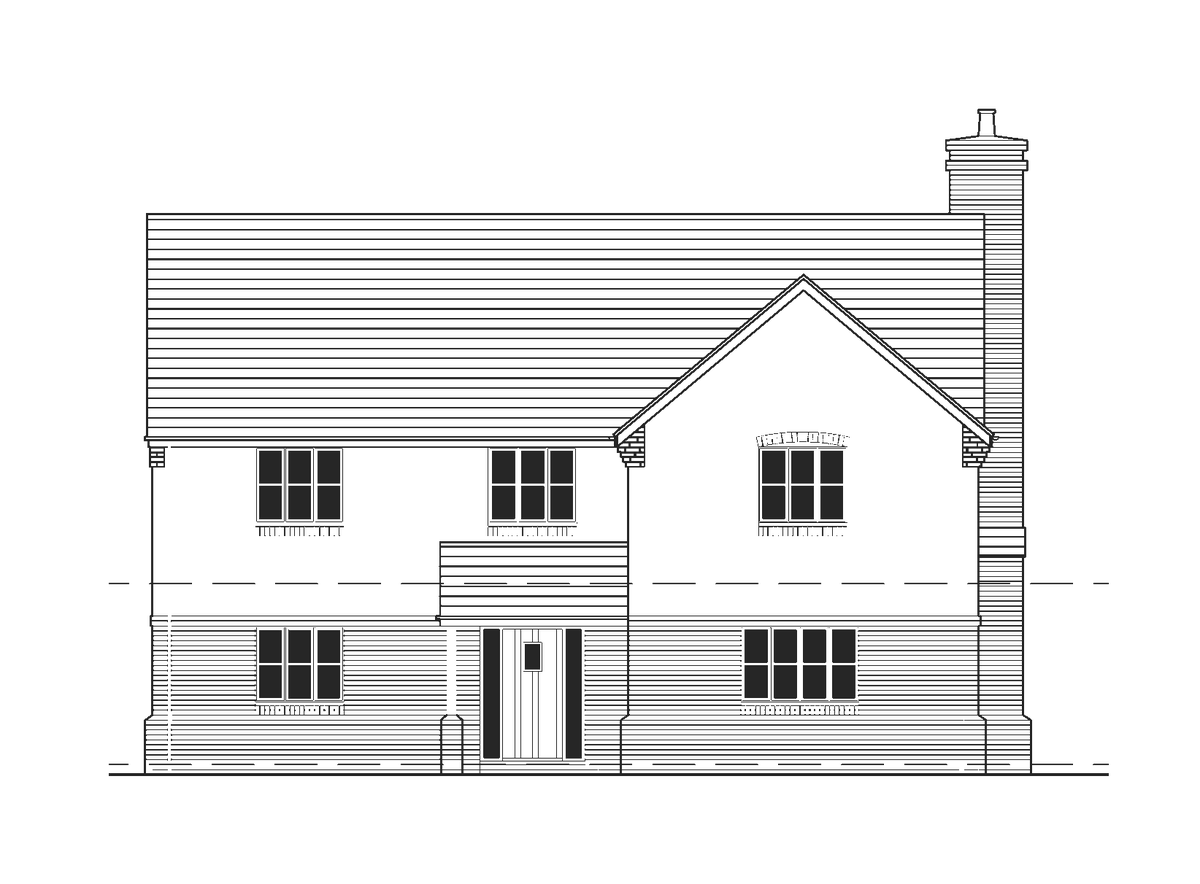 Front elevation of one of the detached house types at the White Hart, West Bergholt: a two-storey rendered house with quoins, a tiled roof and central brick chimney, timber painted windows either side of a canopied front door, and black rainwater goods