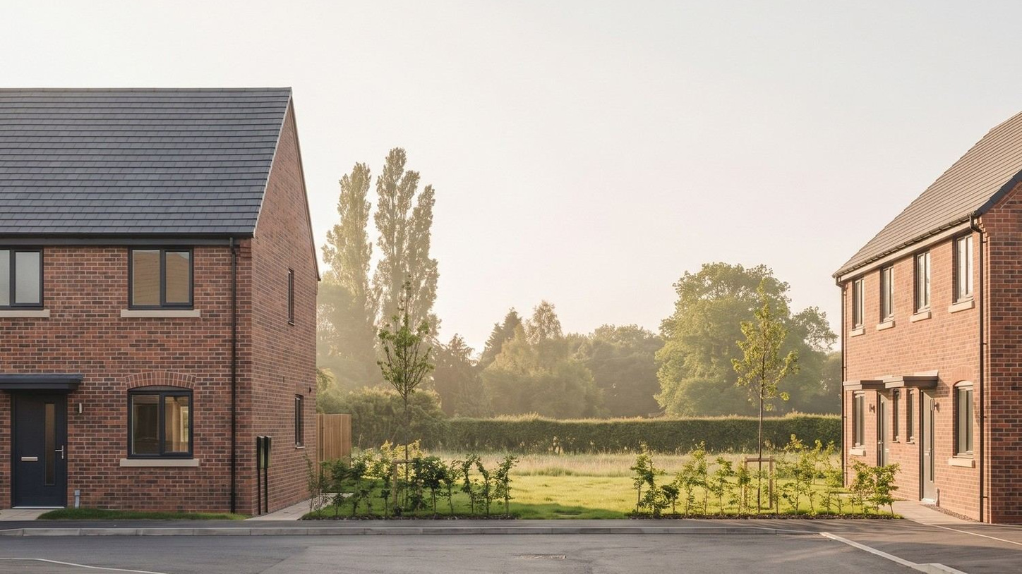 Visualisation of the consented affordable homes at Picken End, Hanley Swan: brick semis on a new estate road