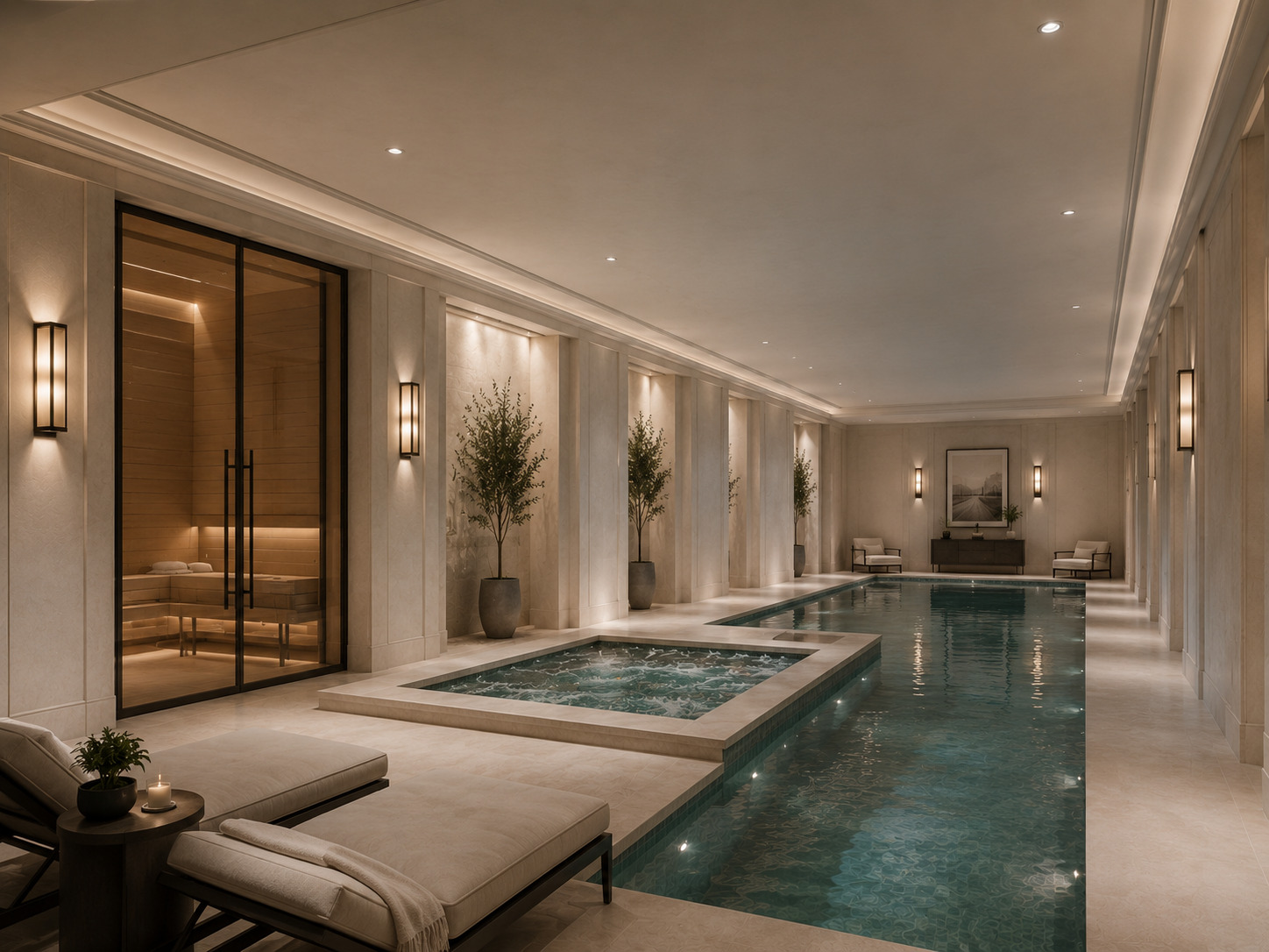 Indicative visualisation from an earlier concept design: a long indoor pool lined in pale stone, with a raised spa pool beside it, a glazed sauna to one side, wall lights, olive trees in planters and loungers in the foreground