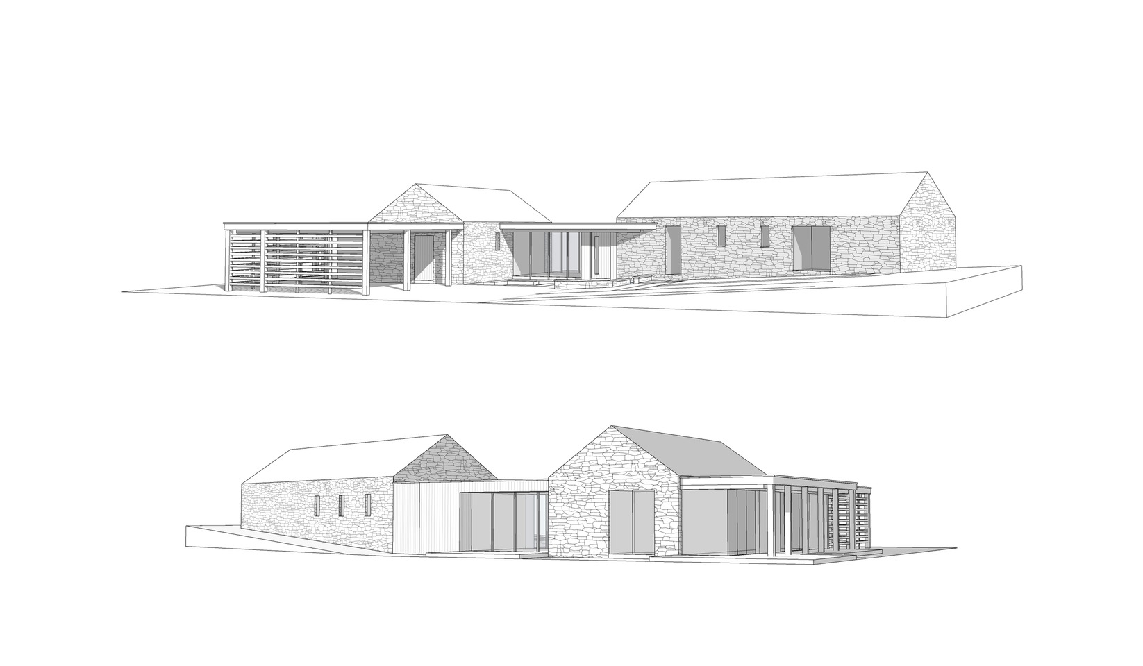Two line drawings from the pre-application document. Above, the approach view: a slatted carport, a small stone gable, a flat roofed glazed link and the long stone barn. Below, the garden side: the barn, a timber clad link with glazed doors and the stone gable of the new wing with a glazed corner