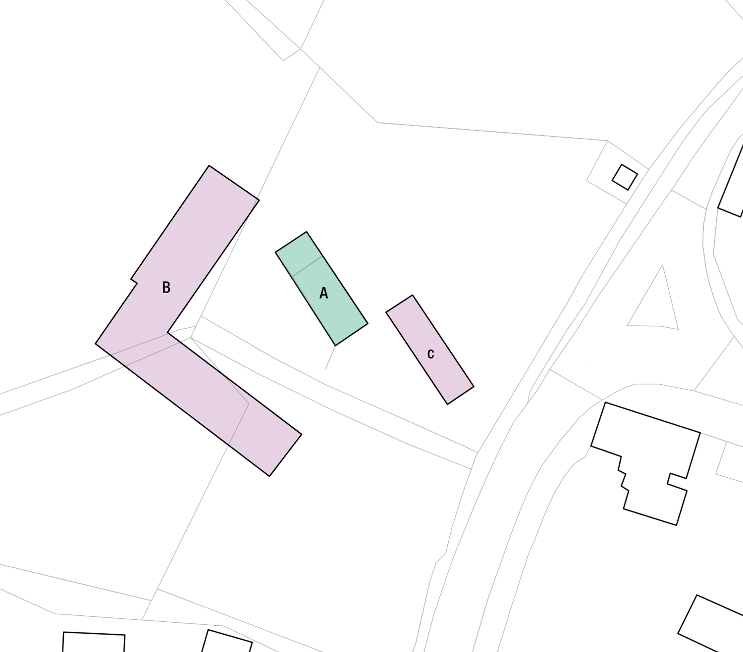 Plan of the site over a modern map base: the existing barn, marked A and shaded green, standing between two lost buildings shaded mauve, a large L-shaped range marked B to the west and a narrow building marked C beside the road