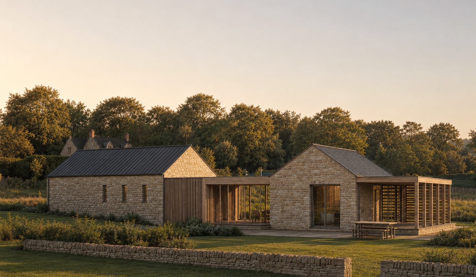 A Rickett Architects visualisation of the garden side in warm low sunlight: the long stone barn on the left, a timber clad link with tall glazed doors, the stone gable of the new wing with a glazed opening and a slatted carport beyond, a stone terrace with a table, a mown lawn and a low drystone garden wall