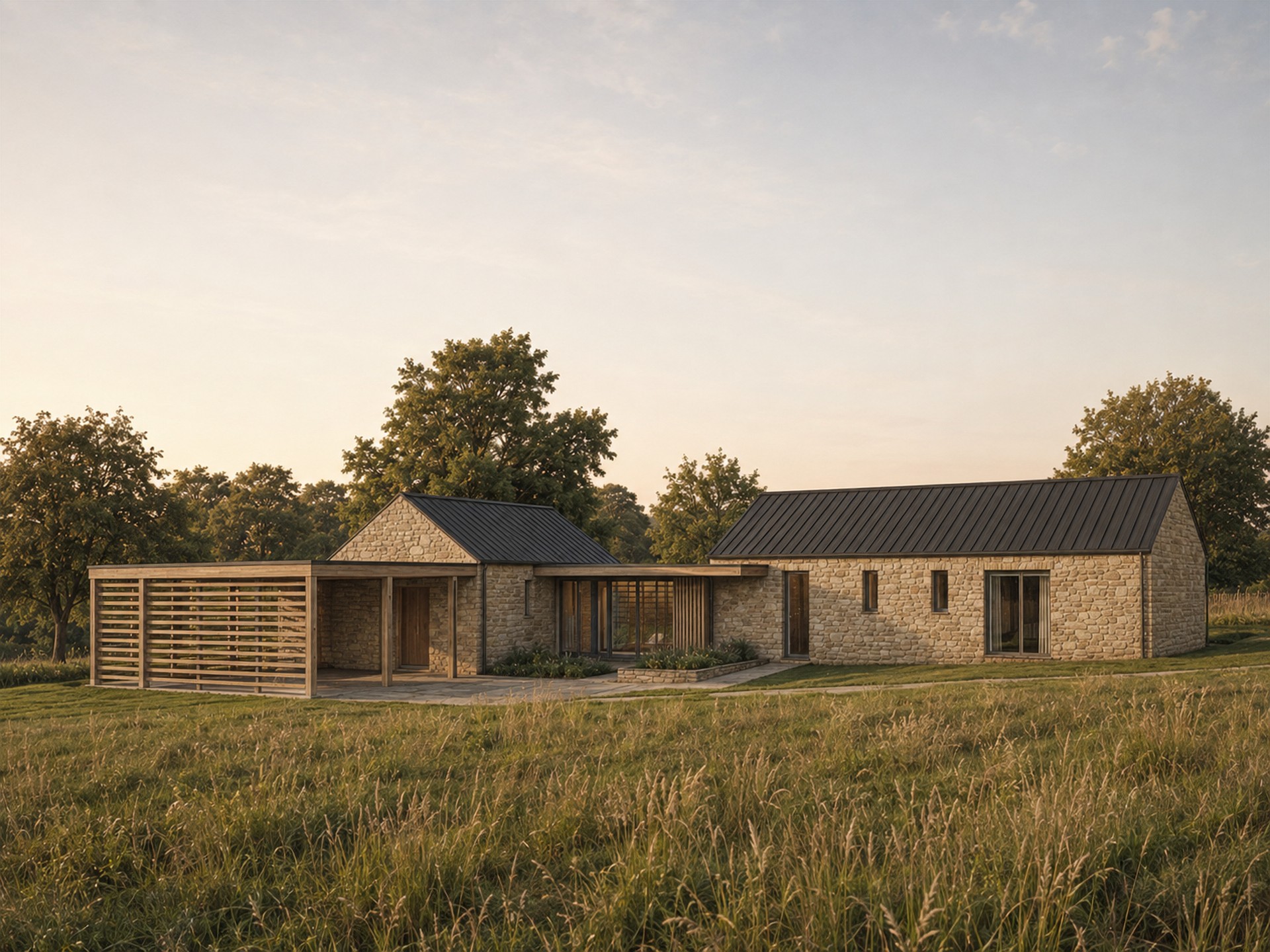 A Rickett Architects visualisation of the scheme put to the council: a long stone barn with a dark metal roof, joined by a low glazed link to a smaller stone gabled wing and an open carport with timber slatted screens, set in a meadow with mature trees behind, in warm low sunlight