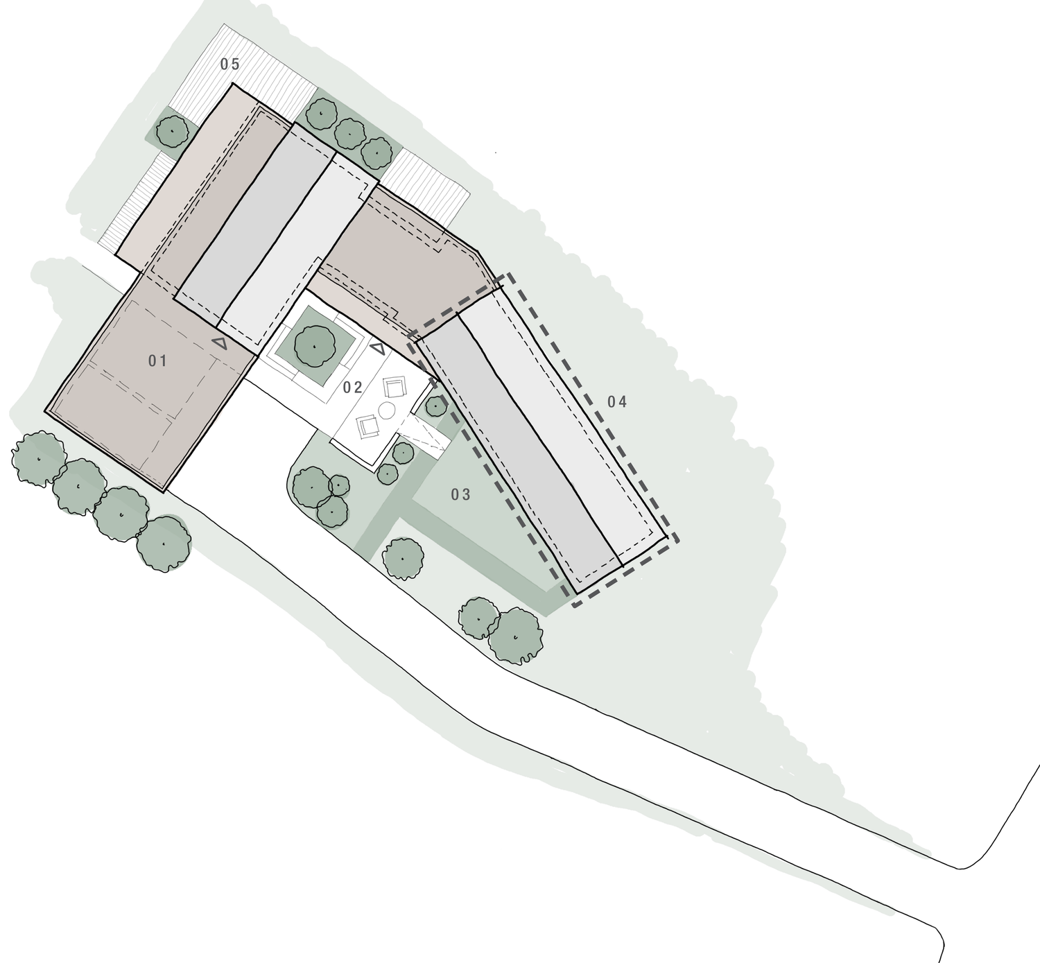 Site layout plan: the existing barn outlined with a dashed line on the east side, a new wing running north west from it, a square carport to the south west, an entrance court and planting between them, and the access track curving in from the road