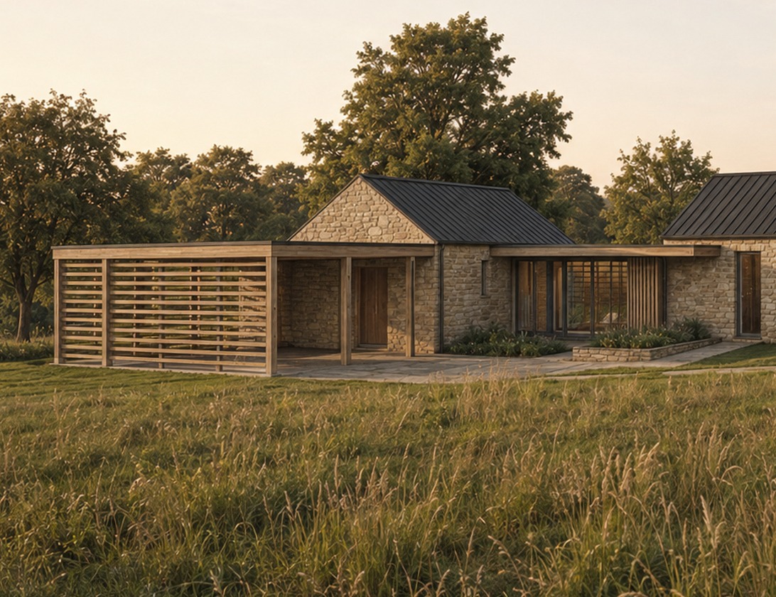 A closer view of the Rickett Architects visualisation: the open carport with slatted screens, the small stone gable of the new wing and the glazed link, the parts of the scheme the council asked to be reduced