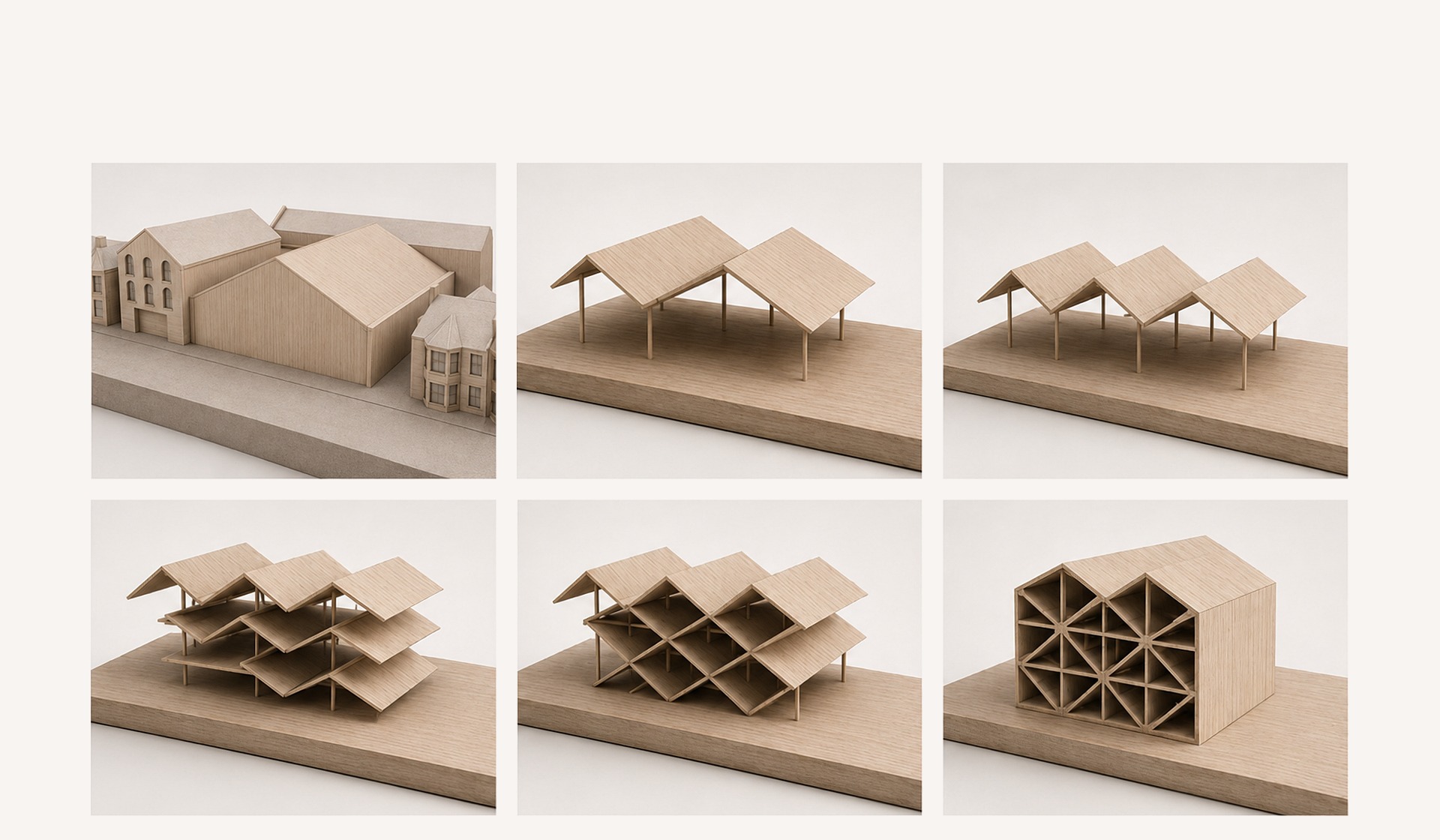 A visualisation of six timber concept models in sequence: the surrounding buildings, a pitched roof raised on posts, the roof mirrored across the plot, stacked roof-derived layers, the roof pattern pulled into the form, and the resolved building generated by the roof pattern