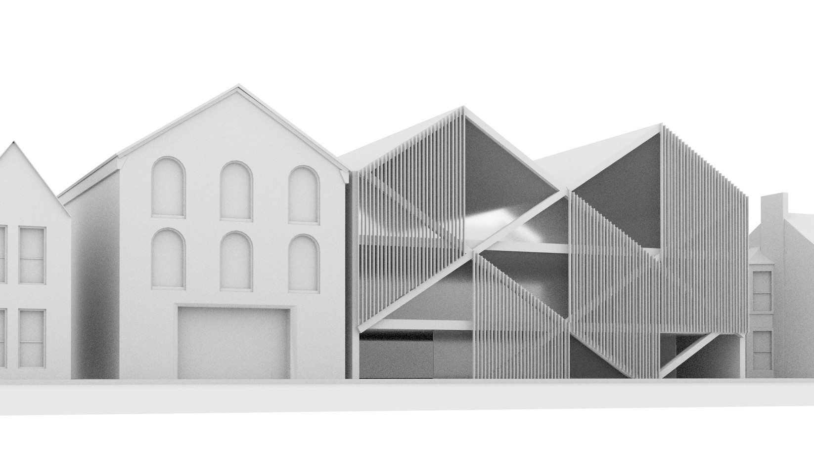 The study's white massing model of the street: houses on the left, the retained dance school building with arched windows, the tested new building with a slatted screen and two pitched gables, and houses on the right