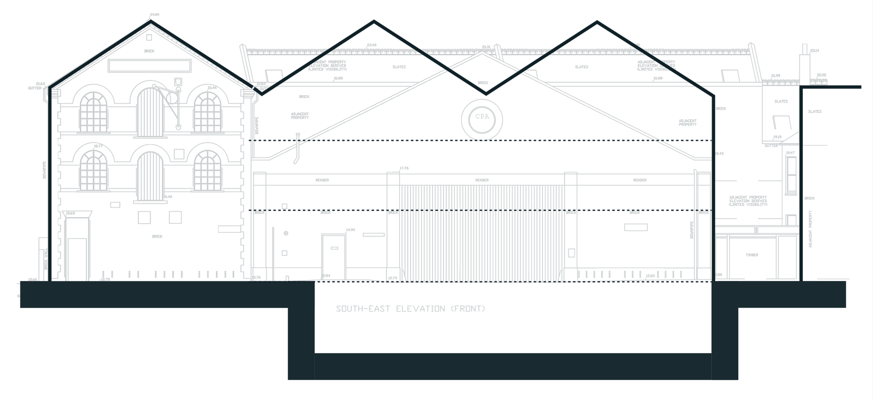 Option A from the feasibility study: a bold outline of three pitched roofs at full three-storey height drawn over the surveyed elevation of the existing dance school and warehouse, with floor levels dashed and a basement below ground