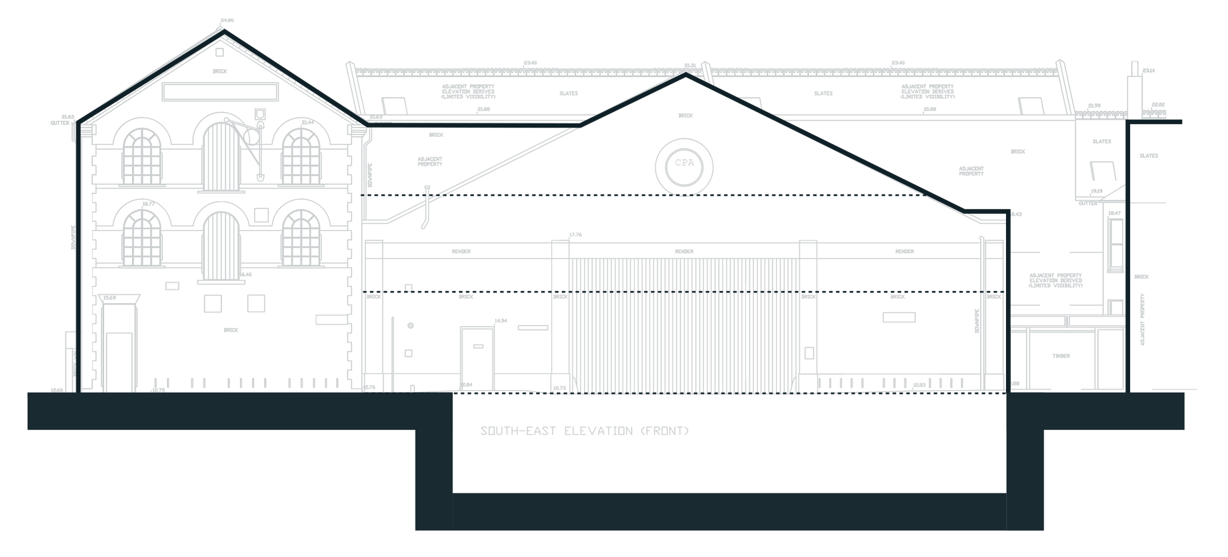 Option B from the feasibility study: a bold outline holding the existing ridge height and stepping down at one end, drawn over the surveyed elevation of the existing dance school and warehouse, with floor levels dashed and a basement below ground
