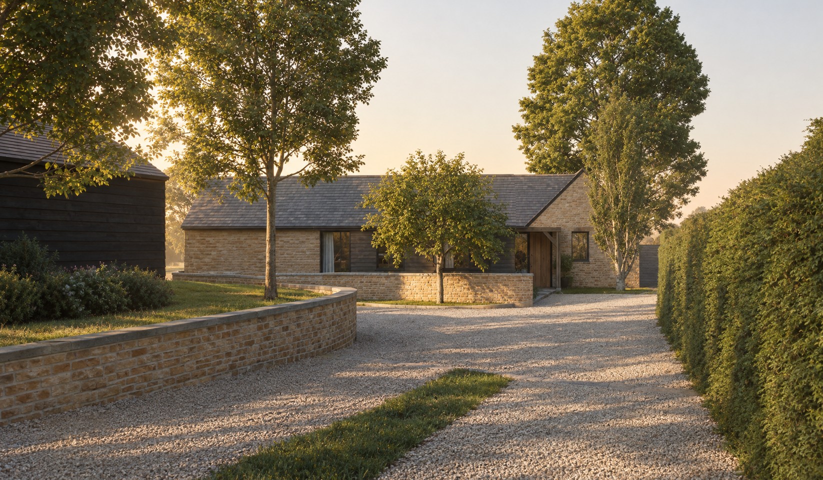 A Rickett Architects visualisation of the approach in low evening sun: a gravel drive between a low curved brick wall and a tall clipped hedge, a low stone house with grey roofs and a porch, a small tree in front of it and tall trees behind, a dark timber outbuilding at the left