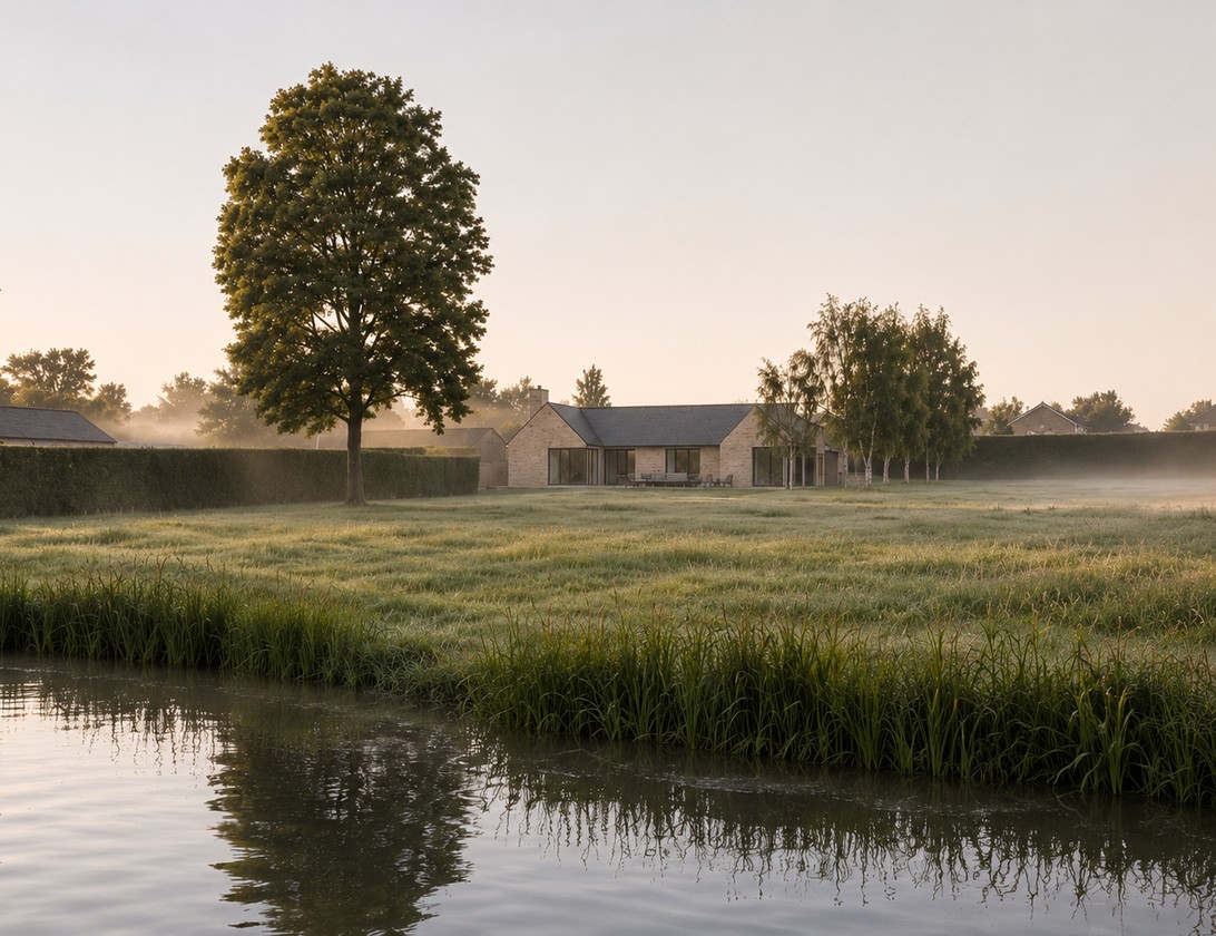A second Rickett Architects visualisation of the house across the pond, in morning mist: the low stone house and its slate roofs beyond a meadow of long grass, a tall oak to the left and birches to the right