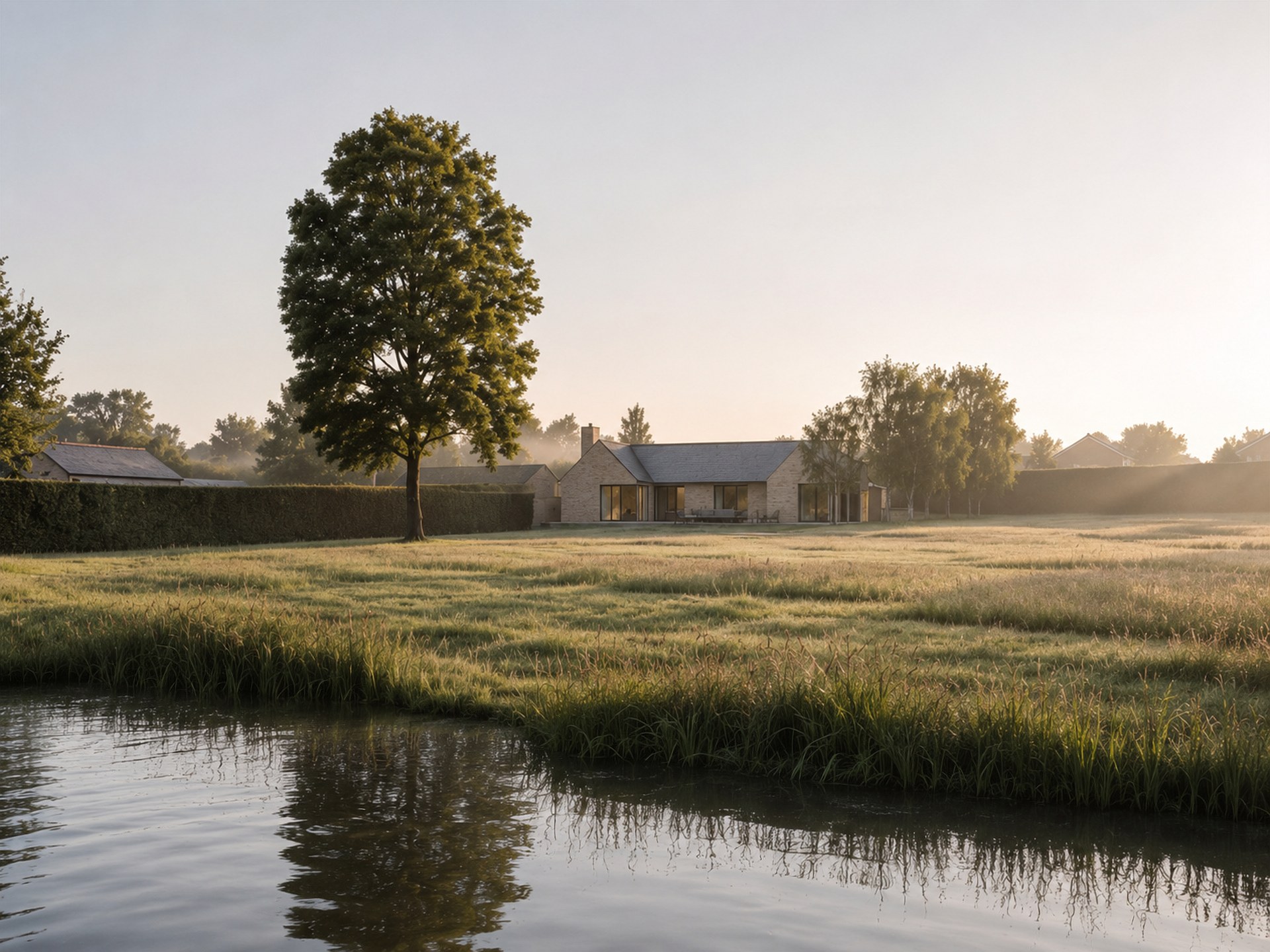 A Rickett Architects visualisation of the house seen across the pond in low evening light: a low stone cottage with a slate roof and large glazed doors, set in a meadow behind a tall hedge, a large oak to its left and a line of birches to its right