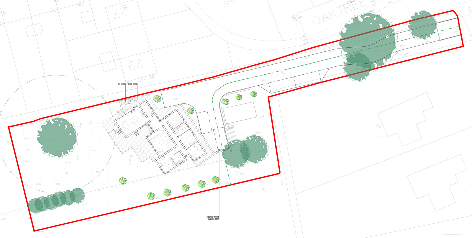 Approved site plan: a long red site boundary running from Oaktree Close down to a field, the house drawn as a cluster of small blocks at the western end beside a large tree canopy, a dashed access track from the close, and new tree planting along the boundaries