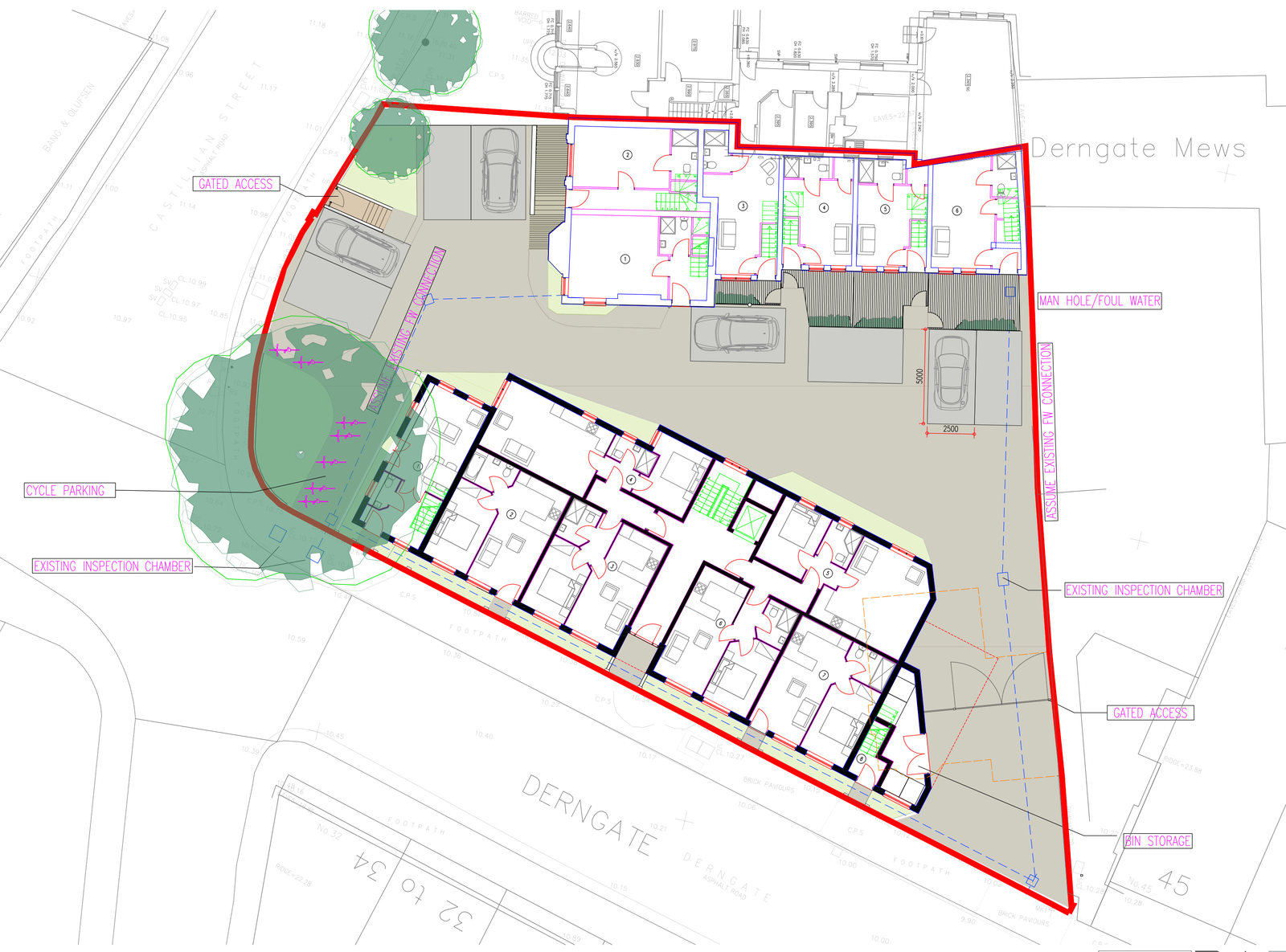 Amended site plan: a red site boundary round a triangular corner plot, a long block of apartments along Derngate at the bottom, the retained house and a row of mews houses along the top, a courtyard with parking between them, and two tree canopies at the Castilian Street corner