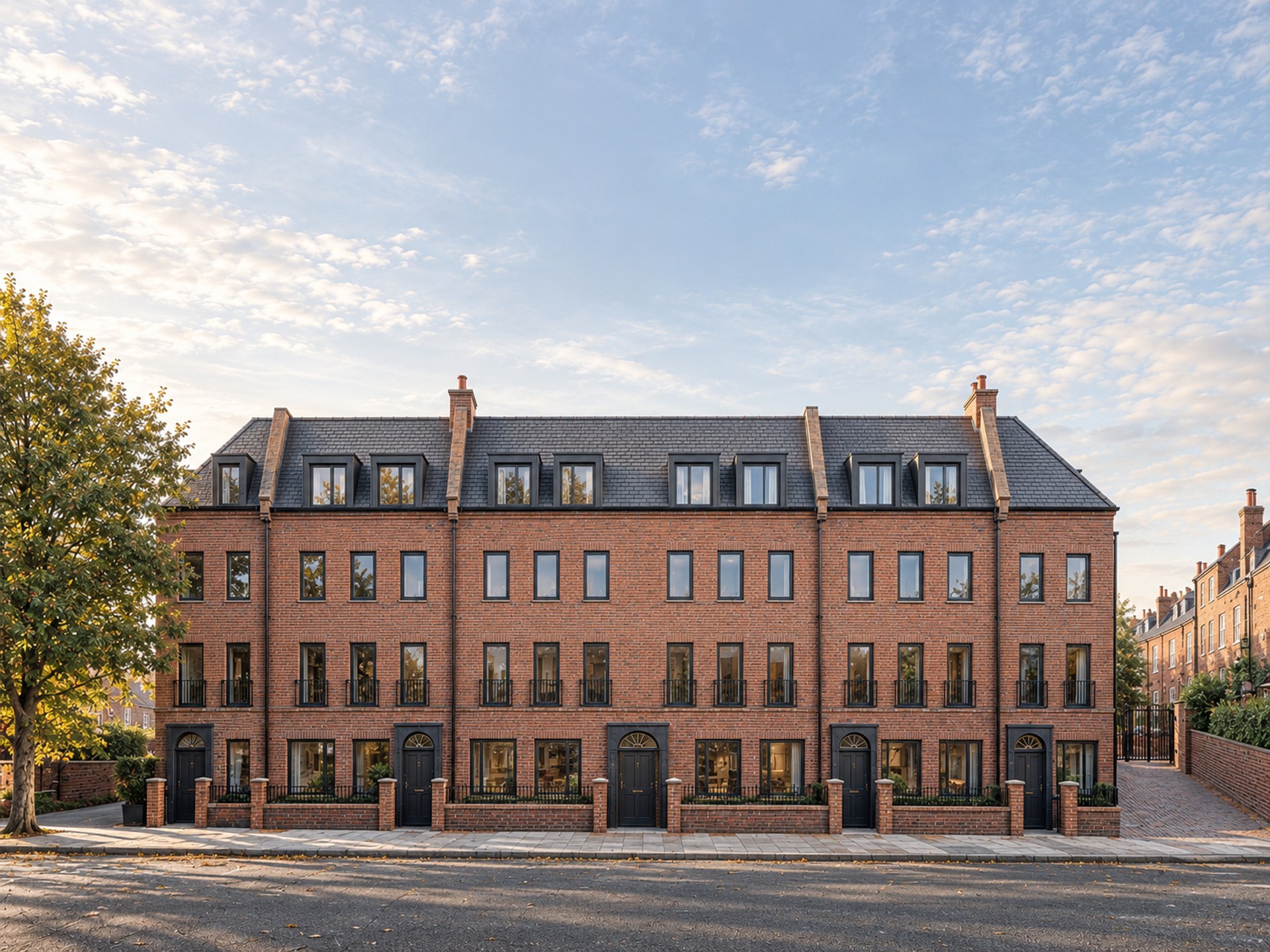 A Rickett Architects visualisation of the consented Derngate frontage: a three storey red brick terrace with a slate mansard roof and dormer windows, five dark front doors behind a low brick wall and railings, a large tree at the left end and a gated entrance to the mews at the right, in low autumn sunlight