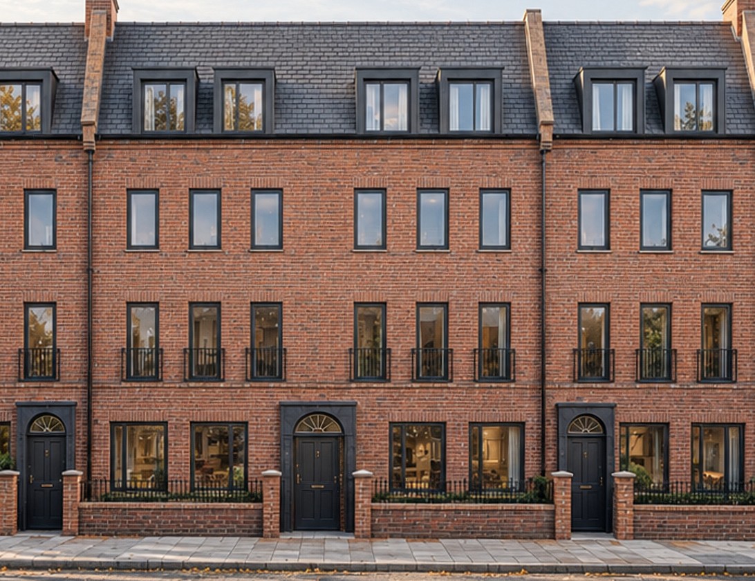 A closer view of the Rickett Architects visualisation: three of the five front doors of the Derngate terrace behind the low brick wall and railings, with the windows and small balconies above them