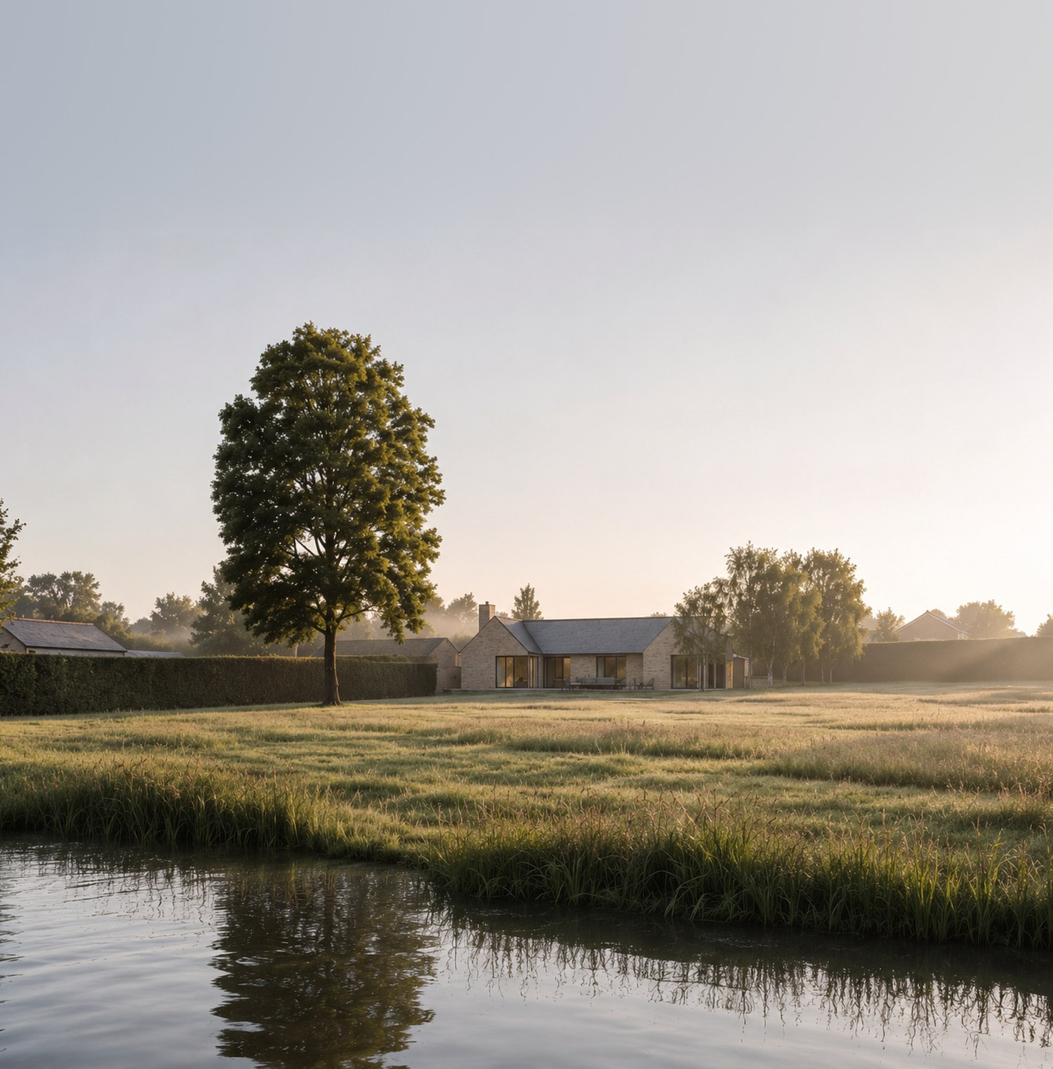 Visualisation of a low stone house with slate roofs across a pond at Oaktree Close, Moreton Morrell