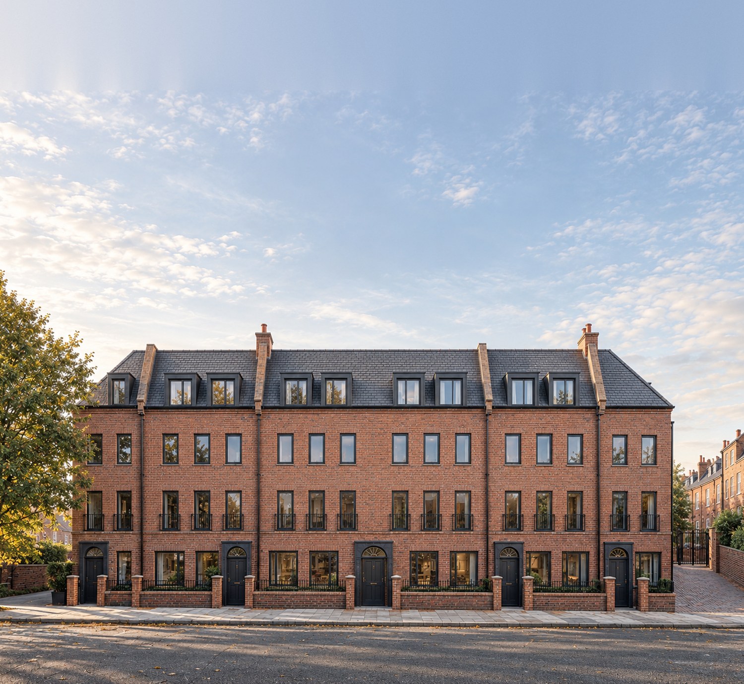 Visualisation of the consented terrace on Derngate, Northampton: red brick with a slate mansard roof and dormers, by Rickett Architects.