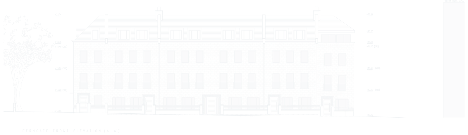 Our approved elevation to Derngate for the scheme at 2 Castilian Street, Northampton: a long three storey brick terrace with a slate mansard roof, dormers, chimney stacks and five front doors behind railings.