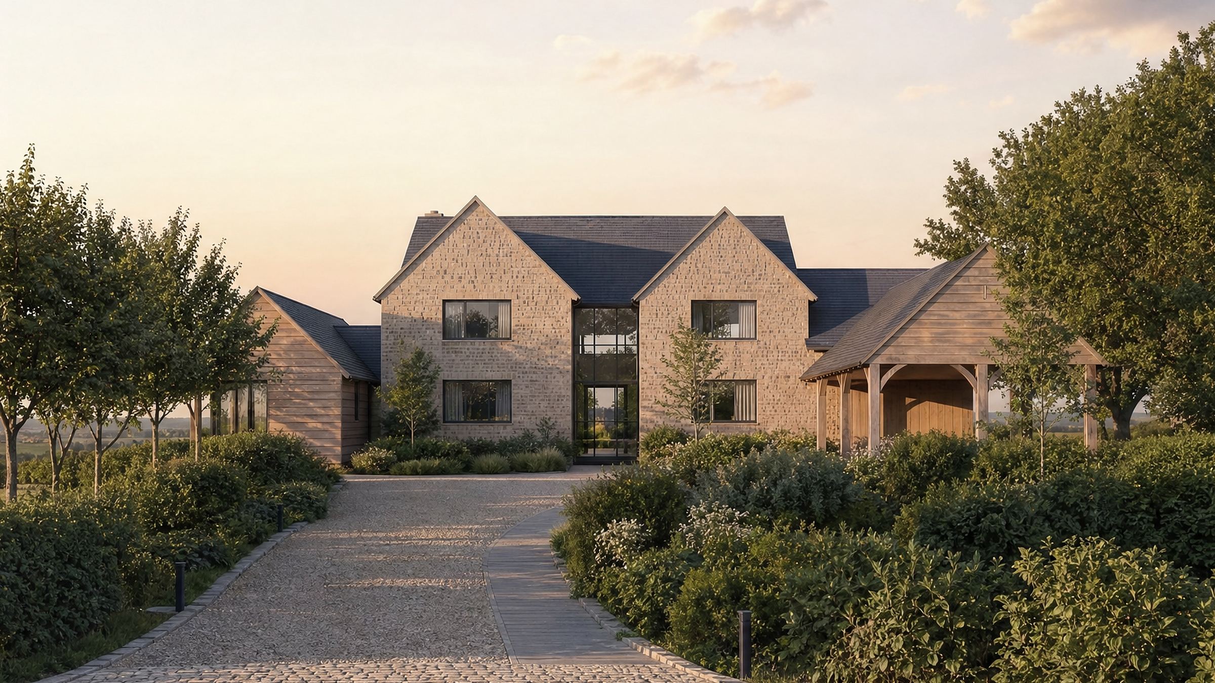 Visualisation of Hollow Meadow Farmhouse, Priors Hardwick: paired gables and an oak car port