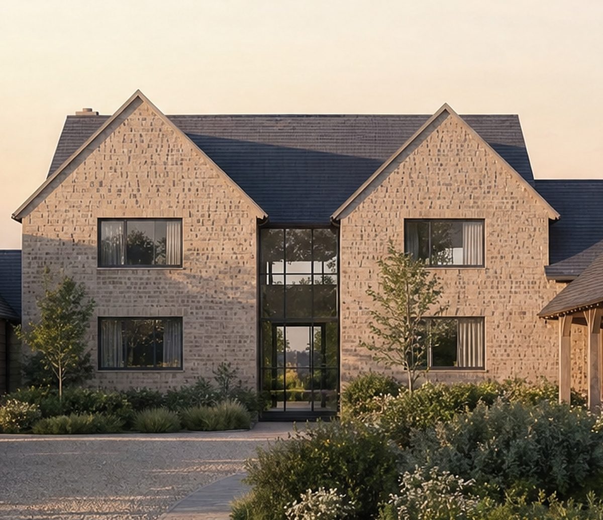 Visualisation of the consented scheme: the paired gables and recessed glazed link under a slate roof