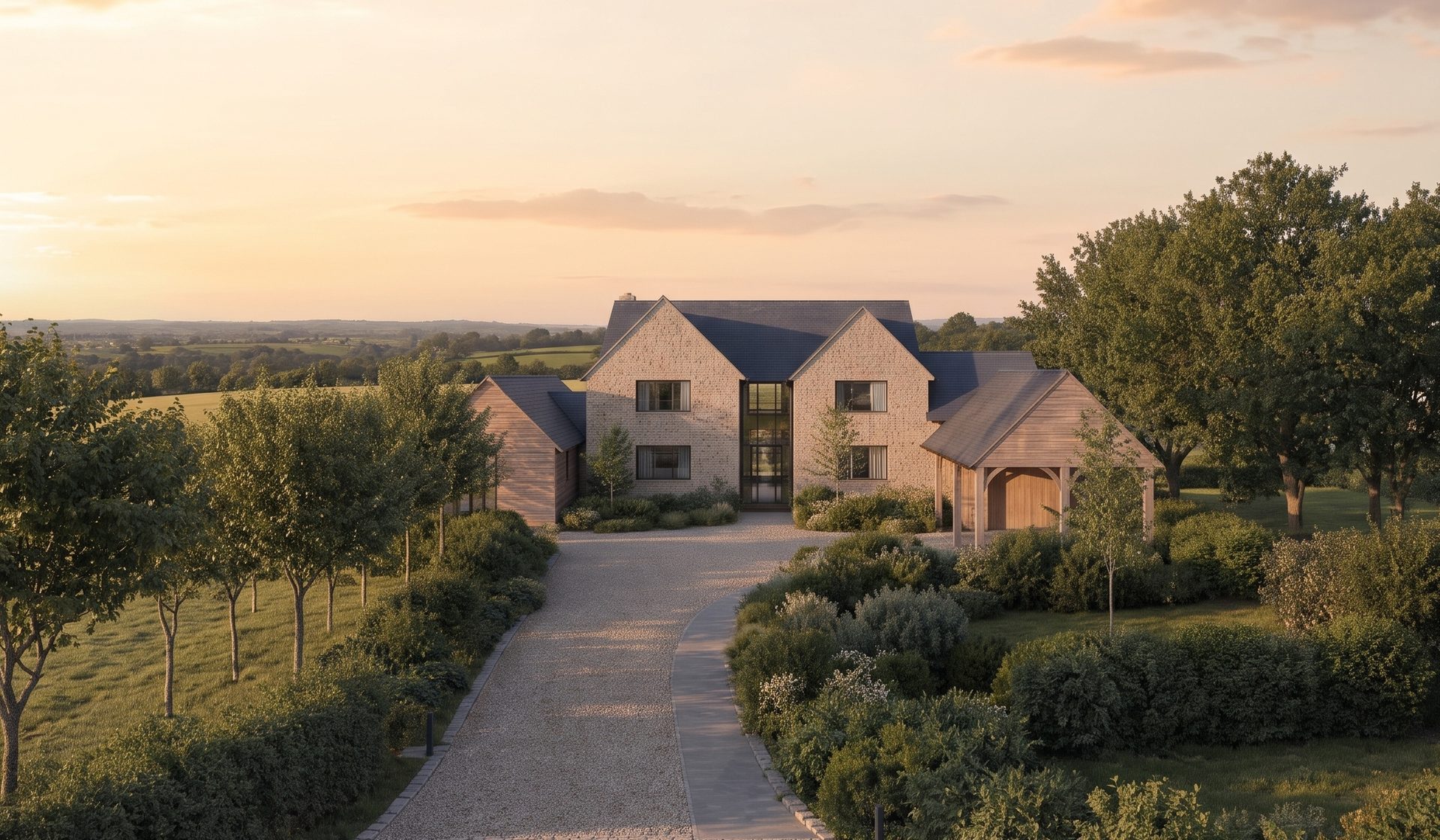 Visualisation of the house in its landscape, at the end of a long drive with open fields beyond