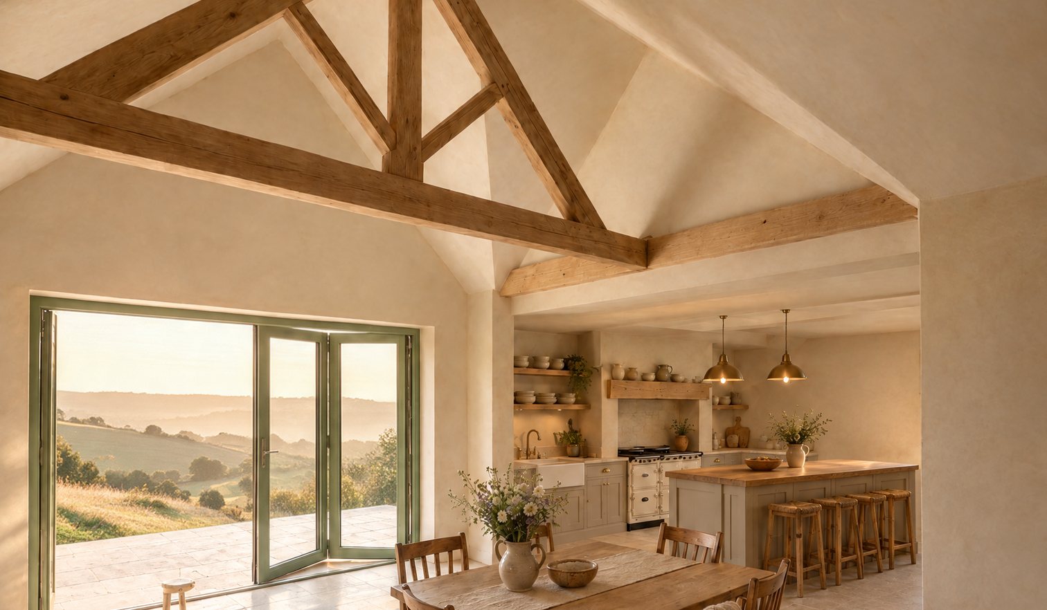 Visualisation of the finished vaulted kitchen, from the same viewpoint as the construction photograph