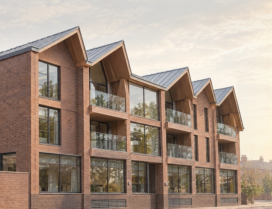 A closer view of the Rickett Architects visualisation: the run of steep zinc gables with timber lined undersides, glass balconies with timber fronts, brick piers and large office windows over a darker brick plinth