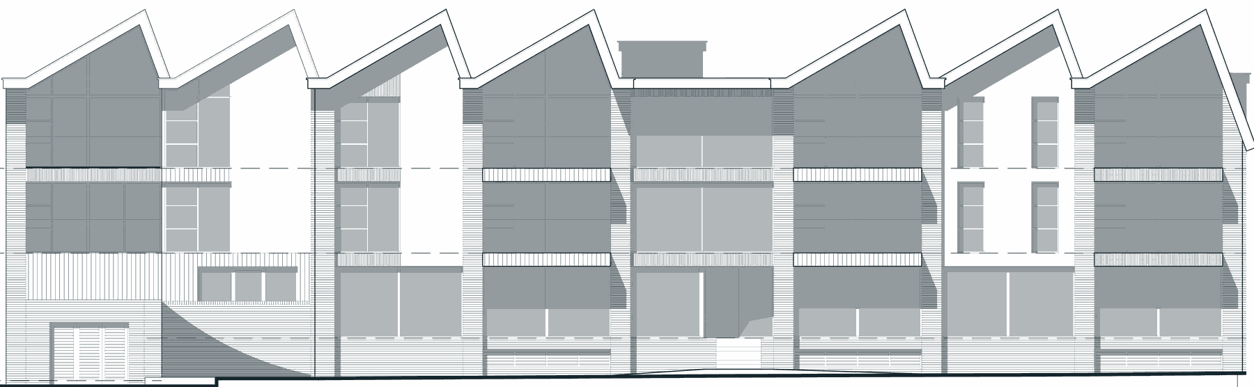 Approved elevation to Great Russell Street: a long three storey front under seven steep sawtooth gables, some fully glazed and some solid with narrow windows, brick piers between the bays, timber fronted balconies at first and second floor, a flat roofed central section with a small rooftop box, and large office windows along the ground floor
