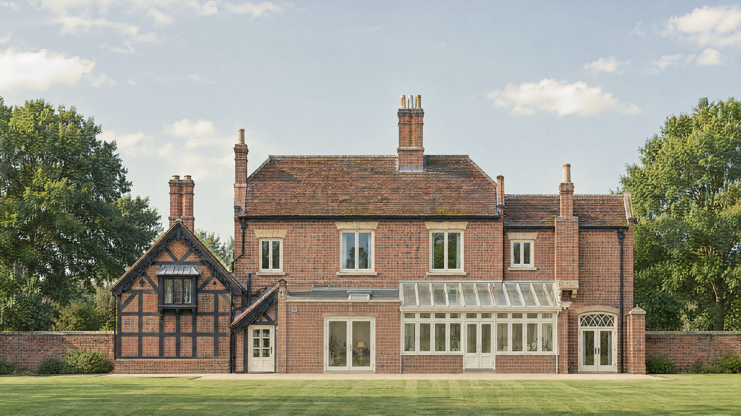 Before, a visualisation: the same view with a flat-roofed brick room and a lean-to conservatory