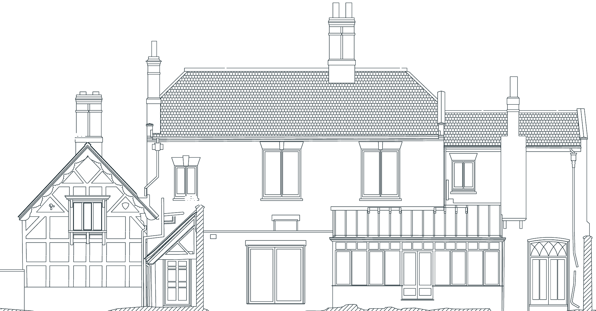 Existing garden elevation: a flat-roofed room and lean-to conservatory across the ground floor