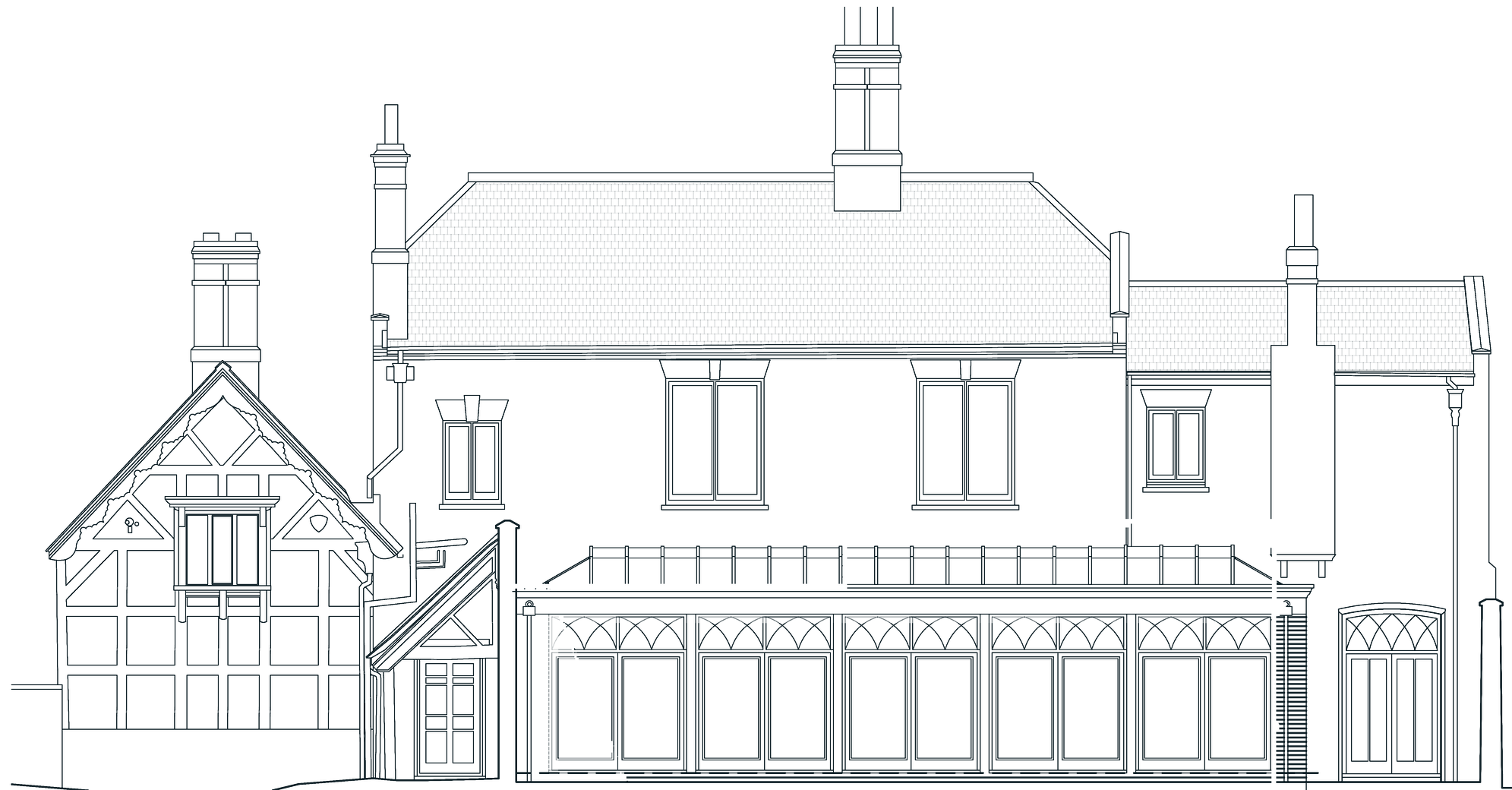 Approved garden elevation: a single-storey orangery of five glazed bays with Gothic tracery