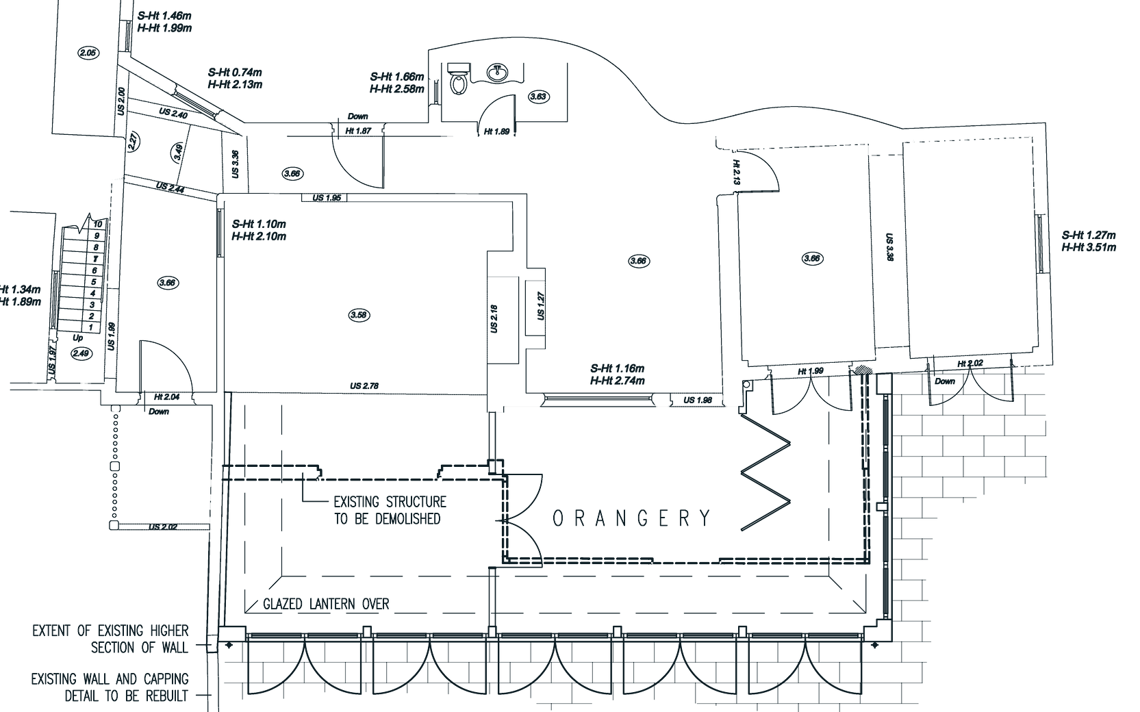 Approved ground floor plan: the orangery along the garden side, existing rooms of the house behind