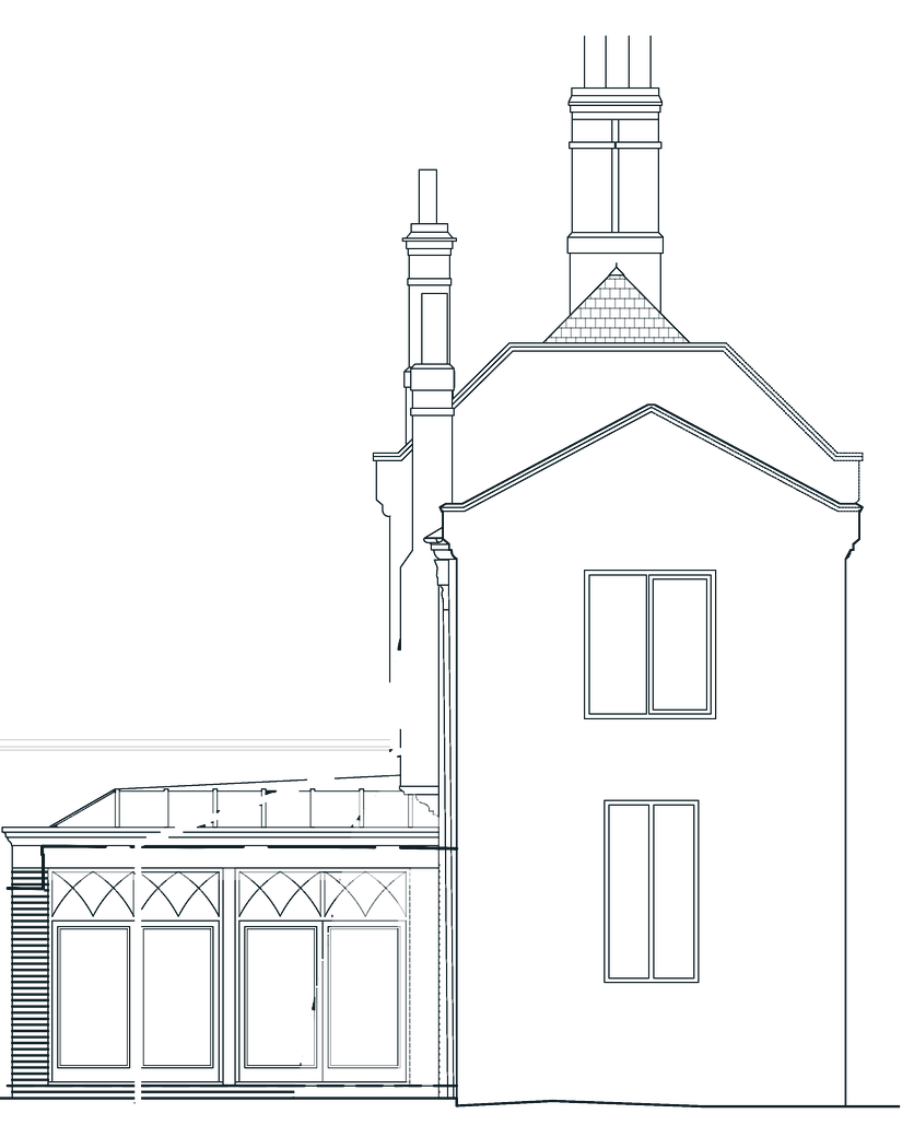 Approved side elevation: the gabled end of the house with the end of the orangery at its foot