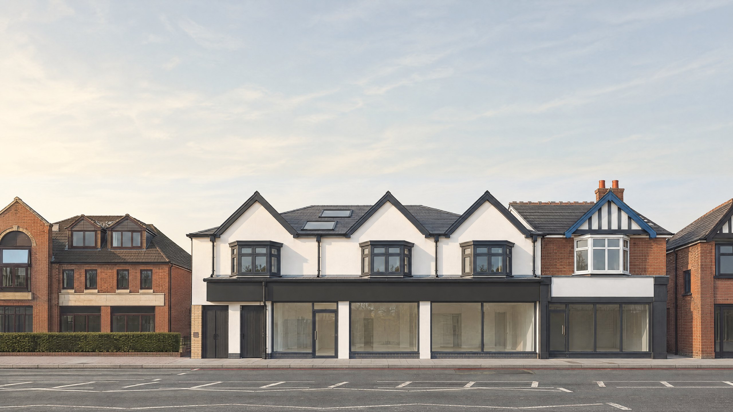 Visualisation of 342 Stratford Road, Shirley: three white gables over a glazed commercial frontage