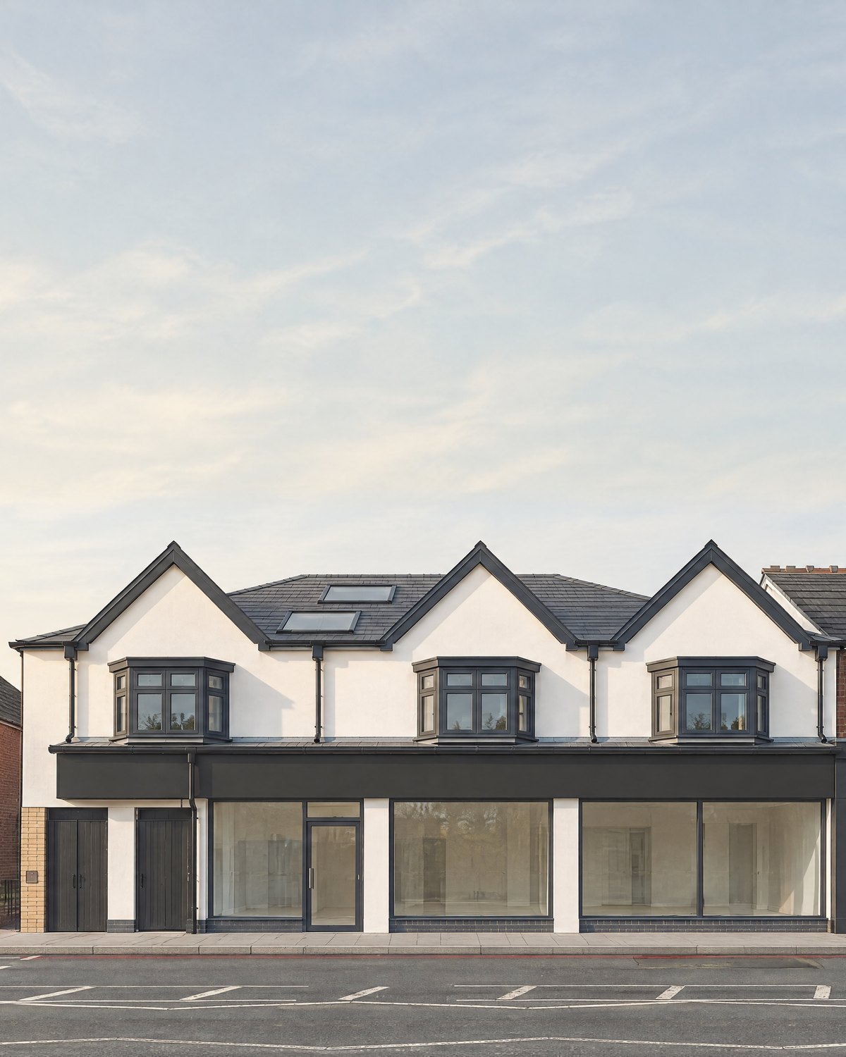 Visualisation of 342 Stratford Road, Shirley: three white gables over a glazed commercial frontage