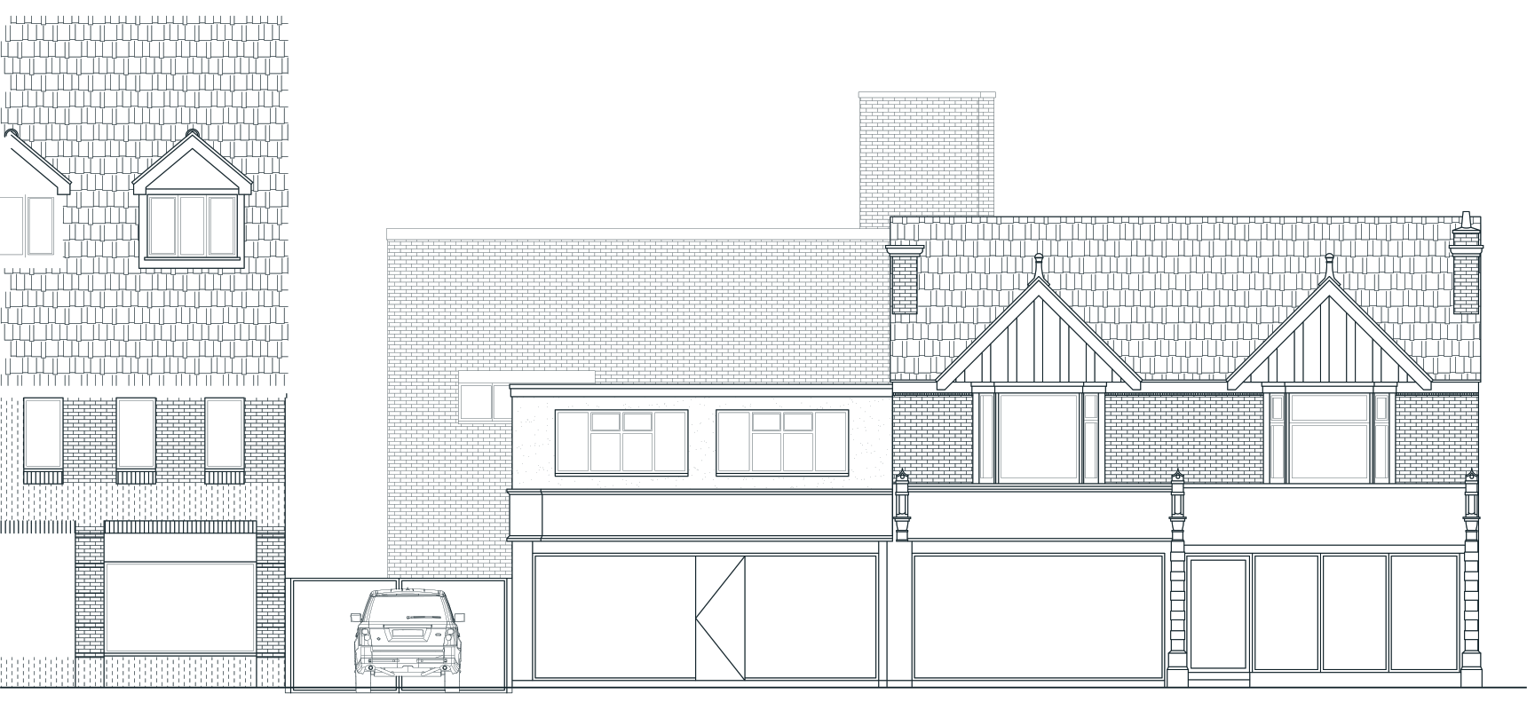 Existing front elevation: a flat-roofed shop beside a shop with a boarded gable, both two storeys