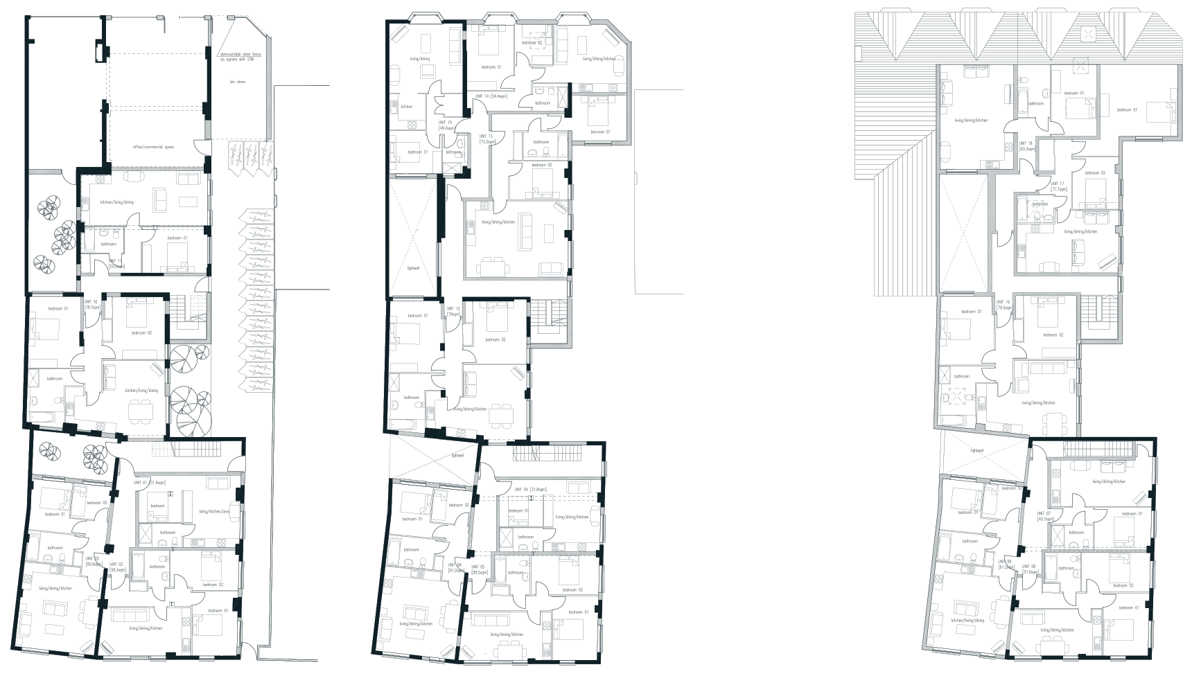 Approved floor plans: a ground-floor commercial unit, with apartments around two light wells