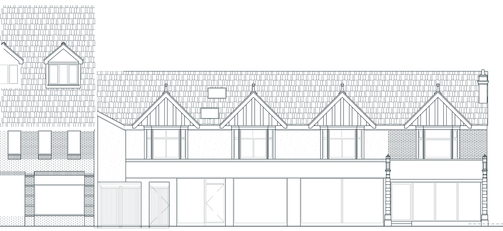 Approved front elevation: one frontage under a long roof with three boarded gables and bay windows