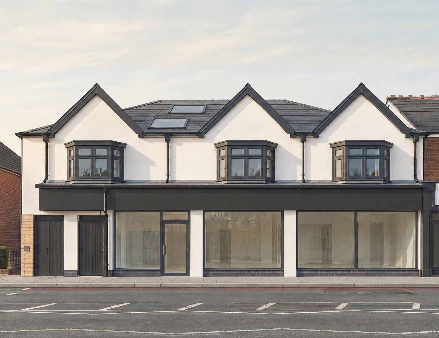 Detail of the visualisation: three white gables, each with a bay window, over the dark fascia