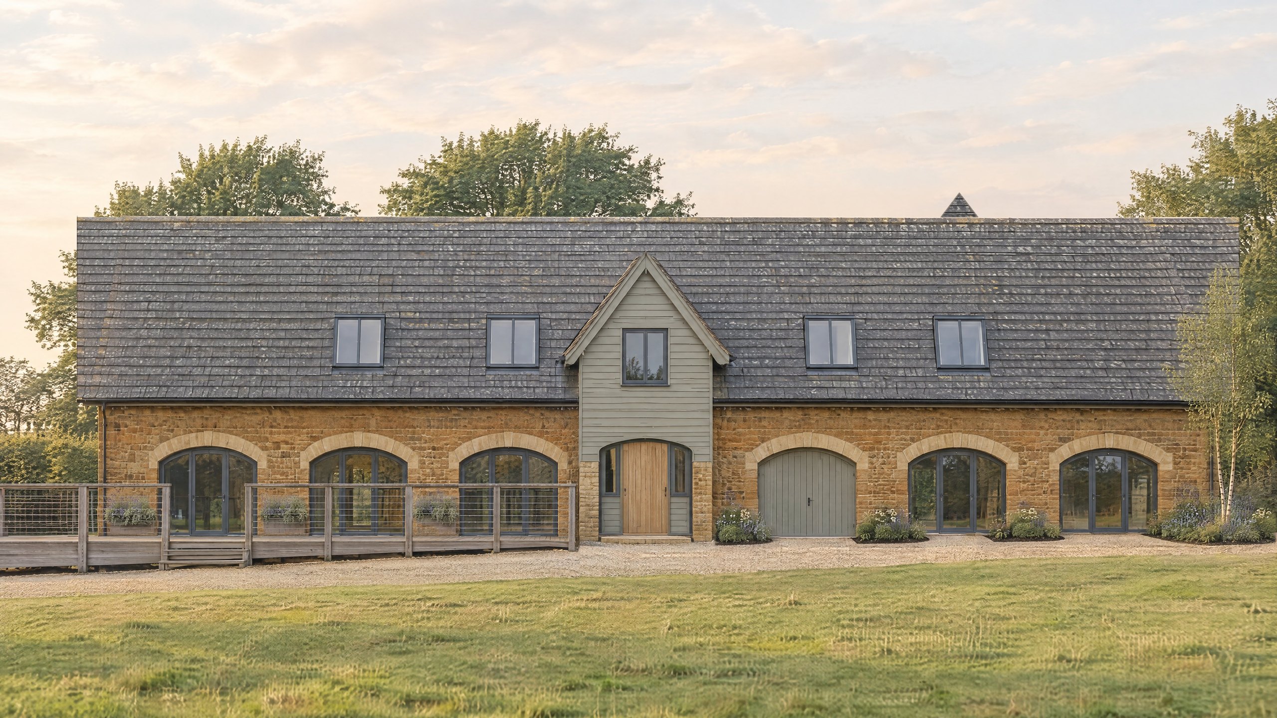 Visualisation of the approved conversion of the stone wedding venue, with arched openings and a timber gable