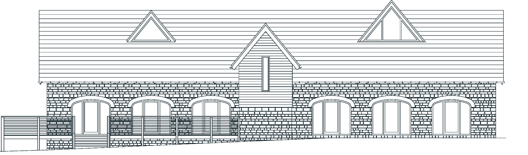 Existing front elevation of the venue: two glazed gables high in the roof, six arched openings below