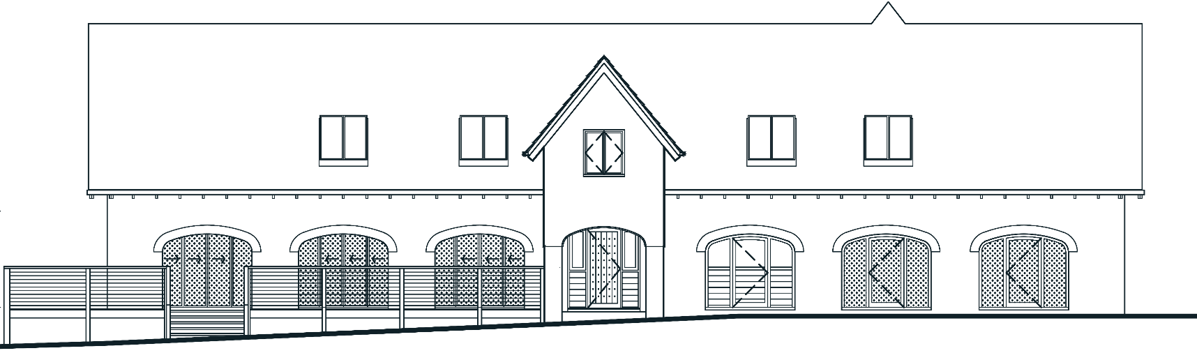 Approved front elevation: four roof lights in a plain tiled roof and an arched entrance door in the centre bay