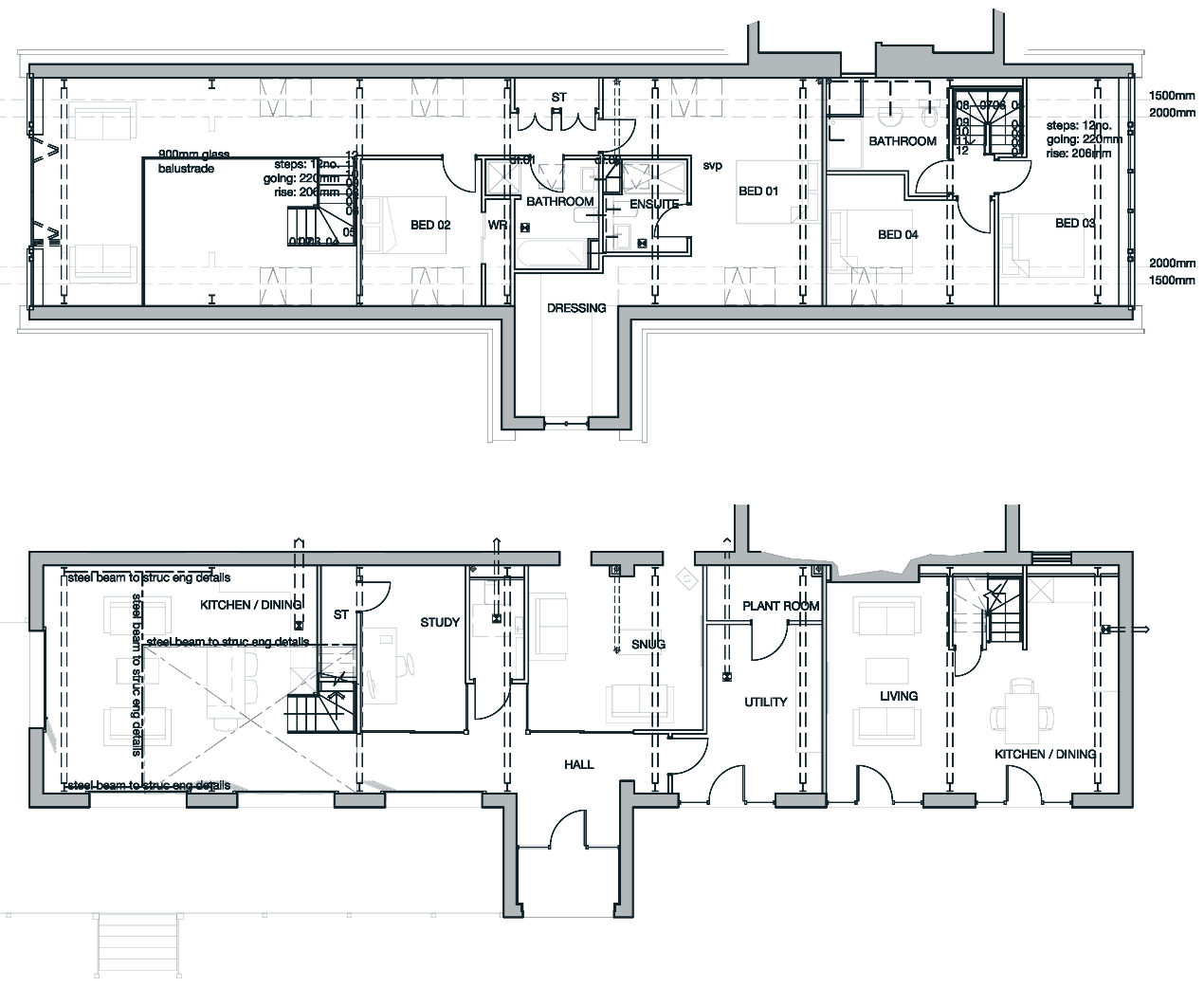 Approved floor plans: four bedrooms upstairs, with a study, snug, living room and kitchen downstairs
