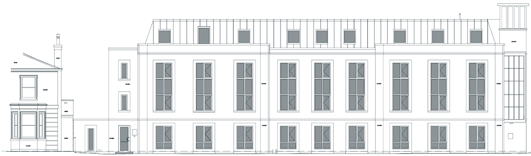 Existing east elevation: nine tall windows in groups of three, a dormered mansard and a lift tower