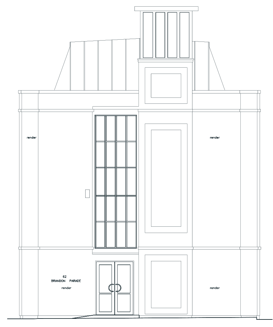 Approved north elevation: double entrance doors, a tall glazed panel above and the lift shaft