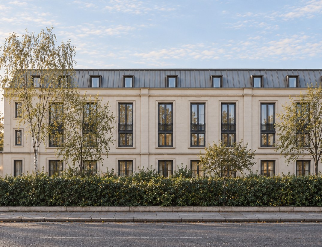 Closer view of the visualisation: the centre bays, tall dark-framed windows with black railings
