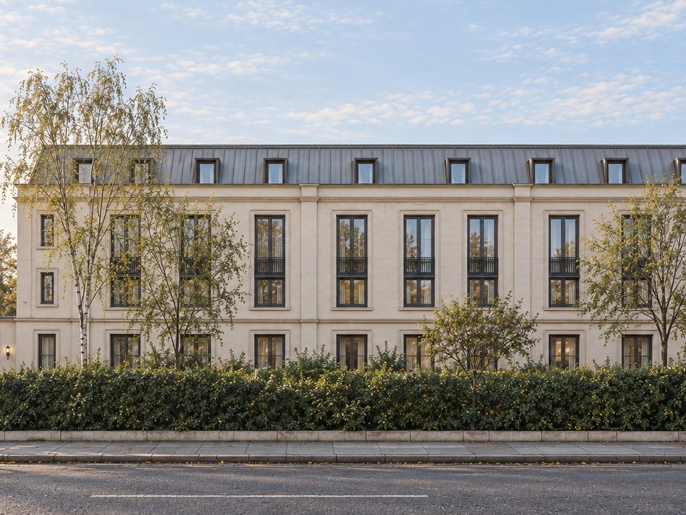 Closer view of the visualisation: the centre bays, tall dark-framed windows with black railings