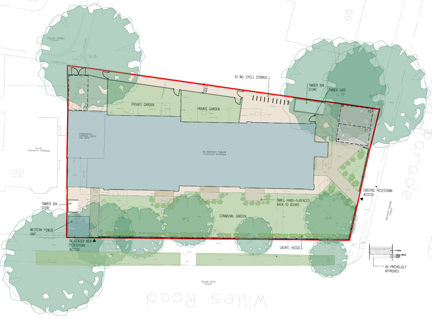 Approved site plan: a communal garden along Willes Road, retained trees, private gardens and parking